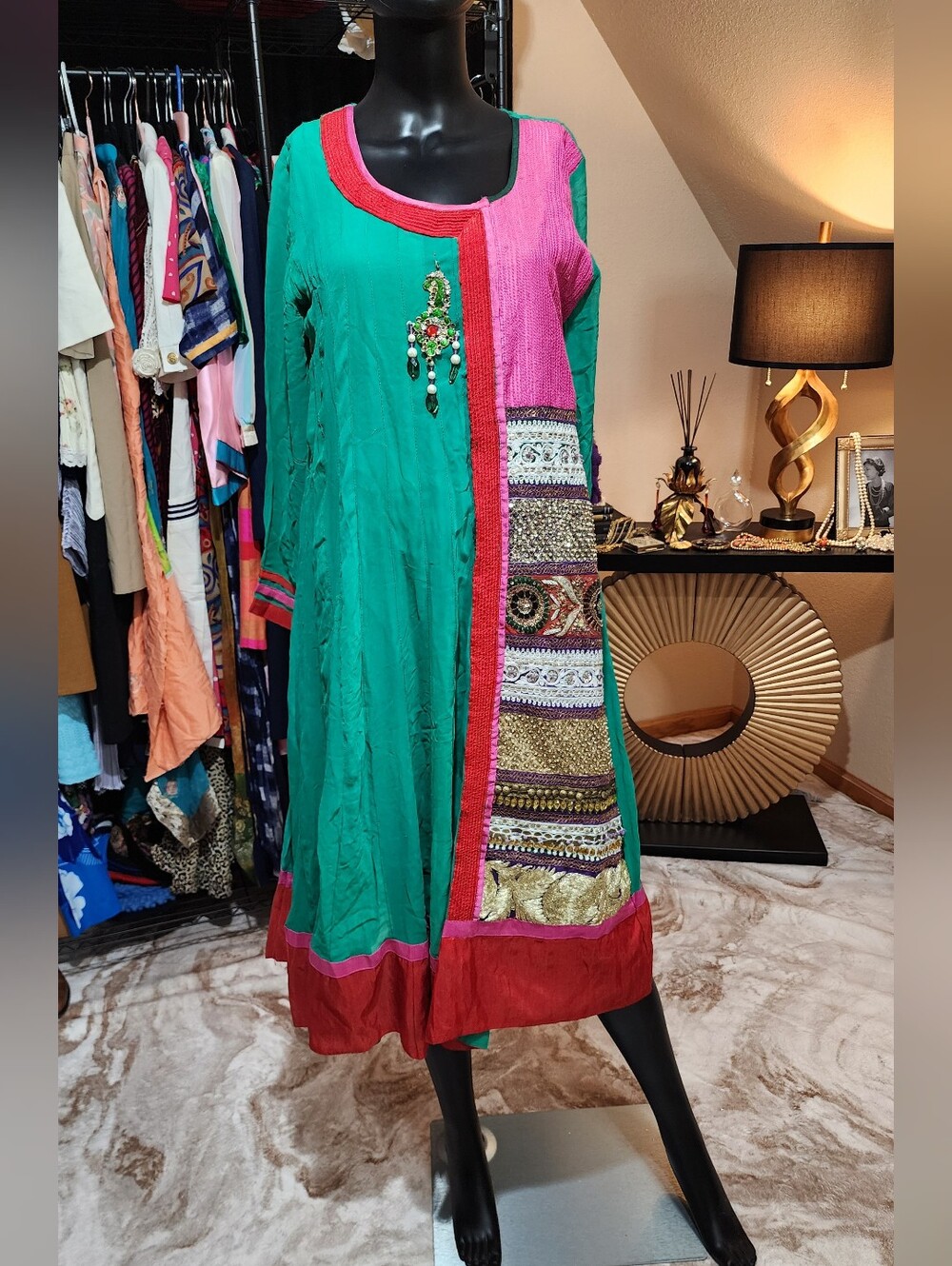 Vintage Silk Pakistanian Green & Pink Embellished Women's A-Line Dress